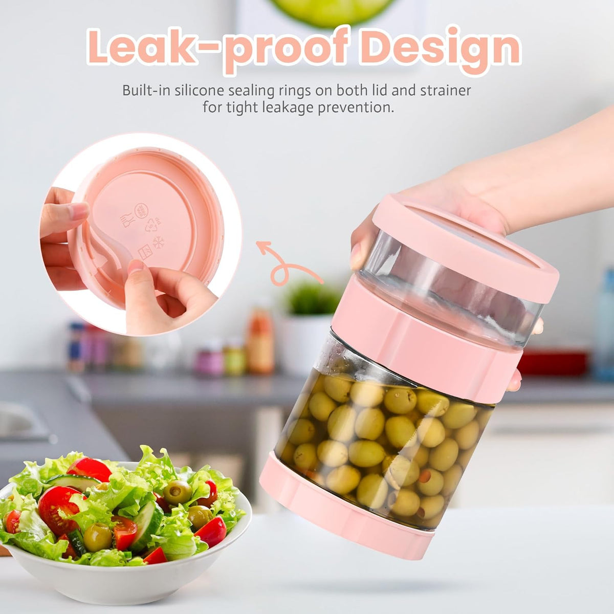 Glass Pickle Jar with Strainer Flip, 56oz Airtight Pickle Container, Leak-proof Juice Separator Pickle Flip Jar with Sealing Silicone Ring for Olive, Sliced Pickle and Jalapeno, Dishwasher Safe