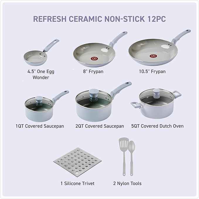 T-Fal Refresh Ceramic Nonstick Cookware Set, 12-Piece Nonstick Cookware, Oven Safe to 350°F, Stockpot, Griddle, Frying Pans, Utensils, Ceramic Pots and Pans Set, Blue