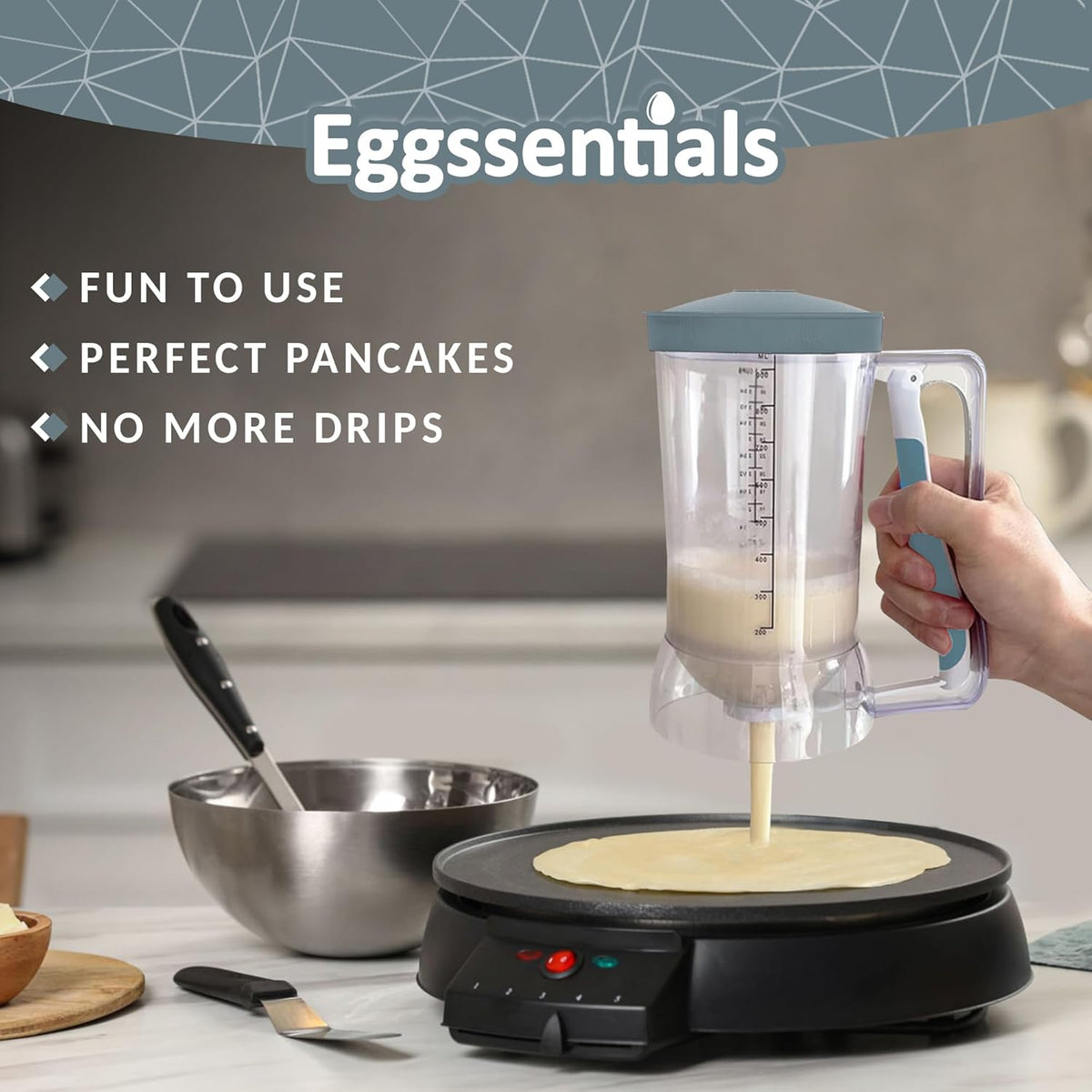 Eggssentials Pancake Dispenser – Easy Control Cake Mix Dispenser for Baking – Drip-Free Muffin & Cupcake Batter Dispenser with Handle – Great for Griddle Pancakes - Grey Color