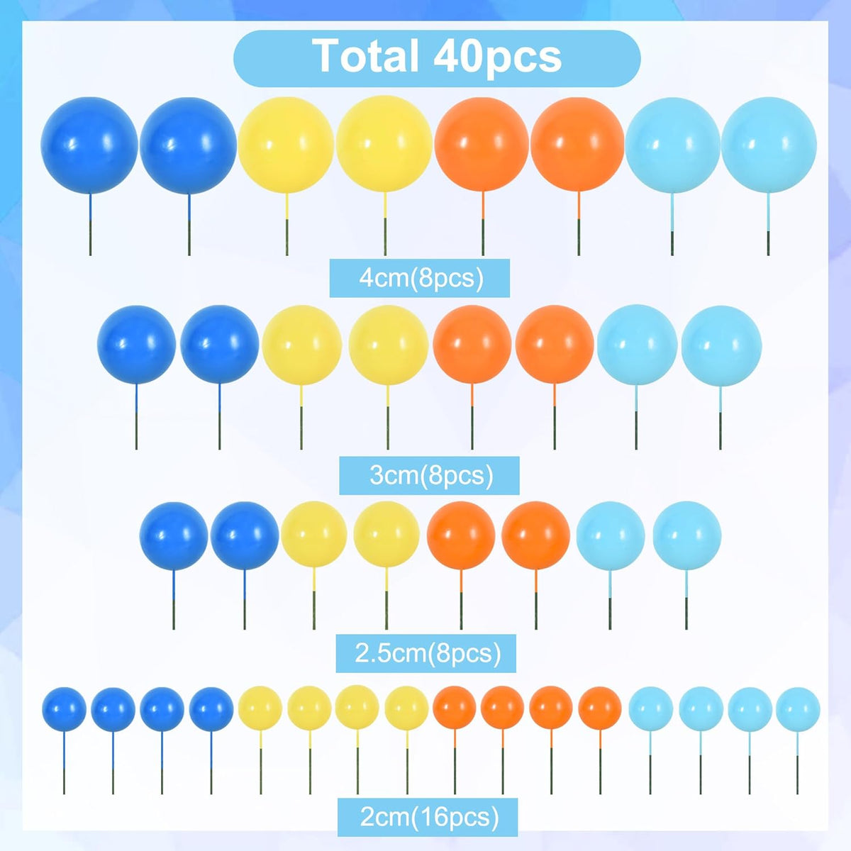 BEISHIDA 40 Pcs Foam Ball Cake Toppers with Sticks Mini Cake Decorations for Birthdays, Weddings, Baby Showers, DIY Baking Supplies, Anniversary Party (Blue，Orange，Yellow)
