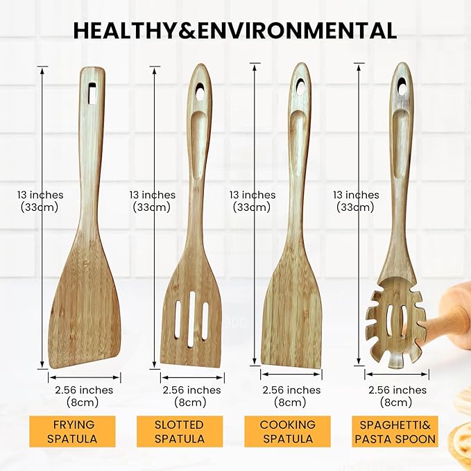 GEEKHOM Bamboo Spatulas for Nonstick Cookware, 13 Inch Wooden Kitchen Utensils, 4 Pack Wooden Spatula for Cooking, Slotted Wok Turners, Flipper for Pancake, Fish, Egg