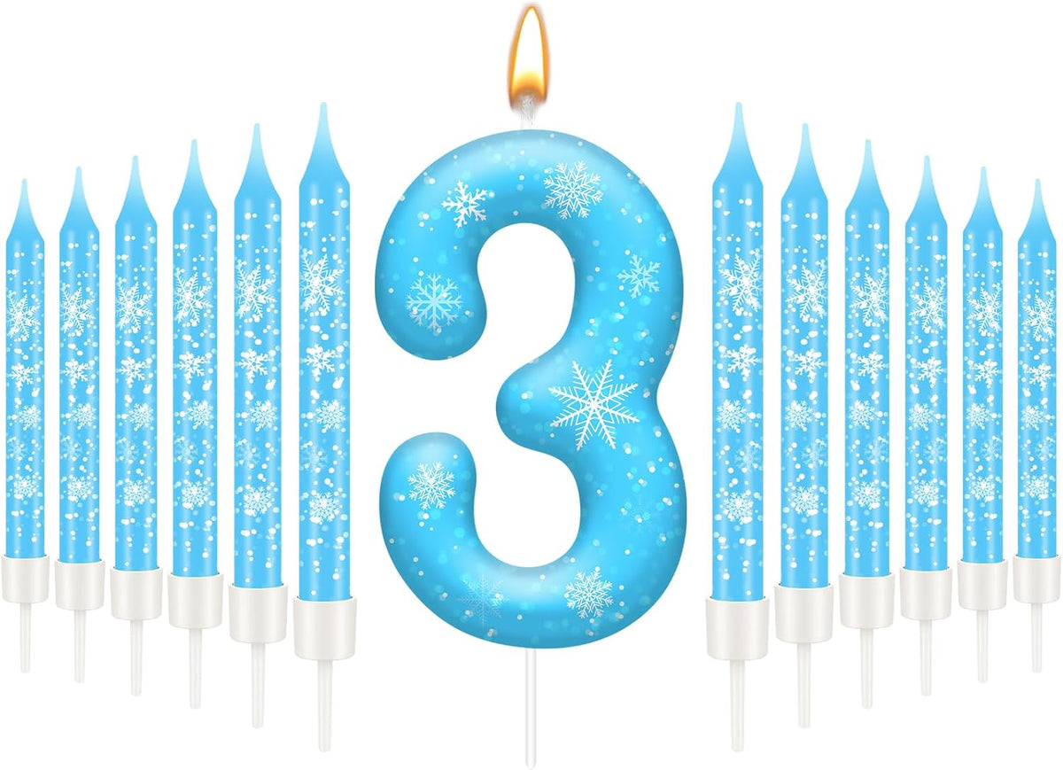 13PCS White and Blue Frozen Themed Party Birthday Candles Set - Blue Number Candles Snowflake Themed Decorations, Girls Party Supplies(Number 3)