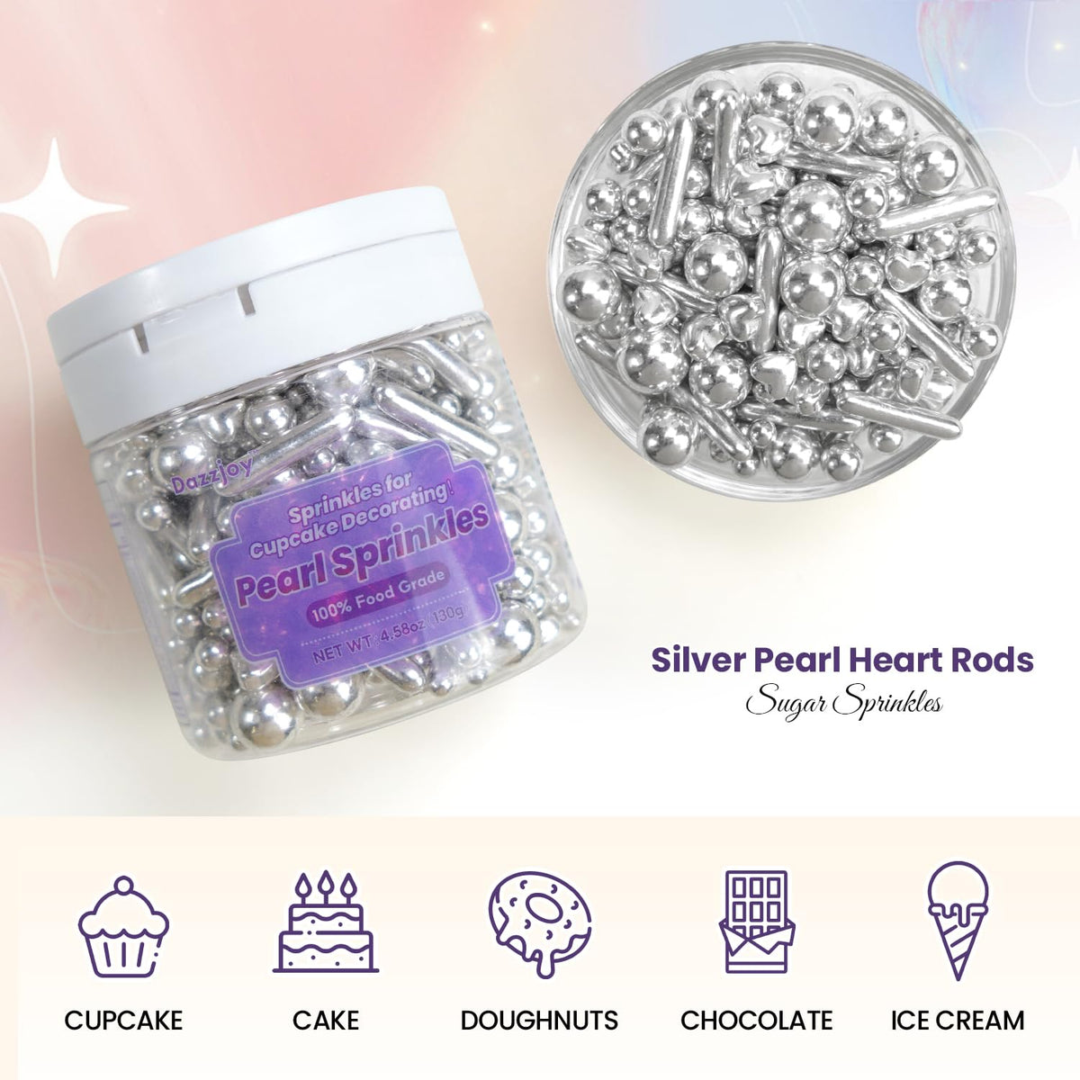 Dazzjoy Edible Silver Pearl Heart Rods Sprinkles, 130g/4.58oz, Mix Size, Silver Pearl Sprinkles for cupcake decorating, Cupcake Toppers Cake Decorations