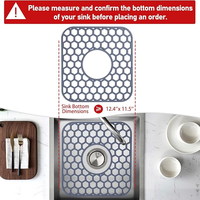 Bestjing 2 Pack Silicone Sink Protectors for Kitchen Sink with Center Drain - 12" x 11" Kitchen Accessory, Non-Slip Heat-Resistant Mat for Bottom of Porcelain Stainless Steel, Dishwasher Safe