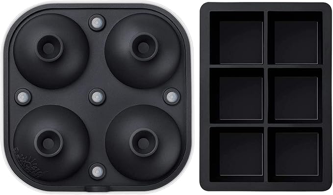 Samuelworld Large Silicone Premium Ice Trays, 2-Pack Combo, 2 Inches Big Ice Cube Tray & 2.5 Inches Large Ice Sphere - BPA Free, Craft Ice Maker for Gifting, Whiskey, Cocktails, Easy Release - Black