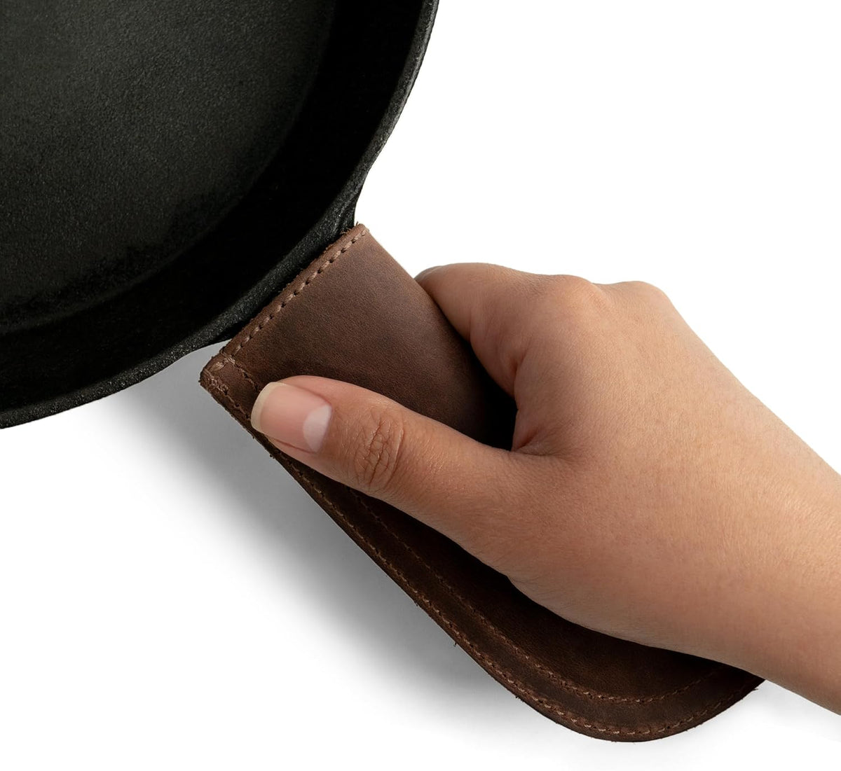 Hide & Drink, Full Grain Leather Hot Handle, Cast Iron Protector, Panhandle Potholder, Double Layered, Double Stitched, Slides On/Off Easily onto Metal Skillet Grips, Handmade, Bourbon Brown