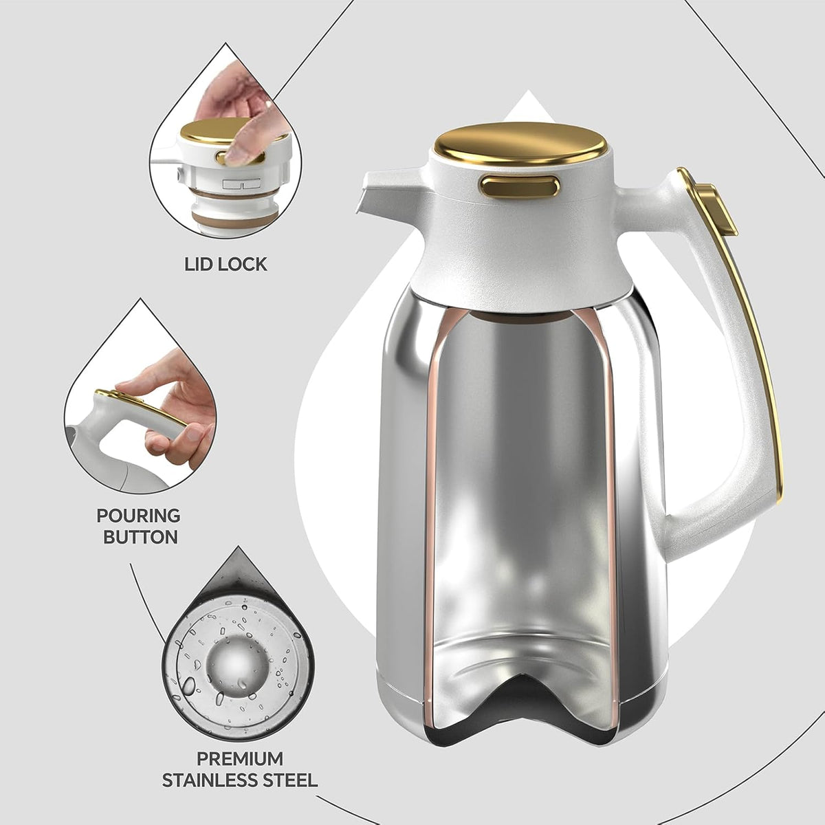 IDEUS Thermal Coffee Carafe 68oz (2,000ml), Stainless Steel Double Wall Insulated Vacuum Flask, Water Jug Coffee Server and Beverage Dispenser, Heat and Cold Retention (White-Gold, 68oz (2,000ml))