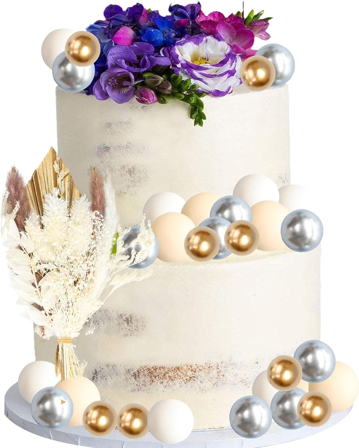 Gyufise 21 Pack Flower Boho Cake Topper Ball Cake Decorations Palm Leaves Plants Cake Decor for Girl Bohemian Princess Theme Wedding Baby Shower Birthday Party Supplies White