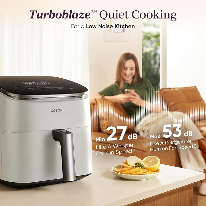 Cosori 9-in-1 TurboBlaze Air Fryer 6 Qt, Premium Ceramic Coating, 90°–450°F, Precise Heating for Even Results, Air Fry, Roast, Bake, Broil, Dry, Frozen, Proof, Reheat, Keep Warm, 120V, Light Gray