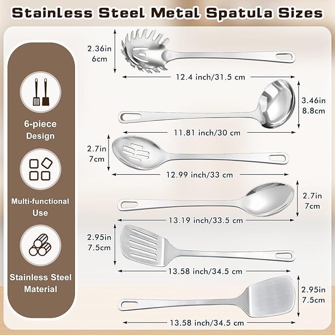 6 Pcs Cooking Utensils Set, Stainless Steel Kitchen Utensils, Heat Resistant Metal Kitchen Tools Include Solid & Slotted Turner Wok Spatula, Serving Spoon, Ladle, Pasta Server, Easy to Clean, Silver