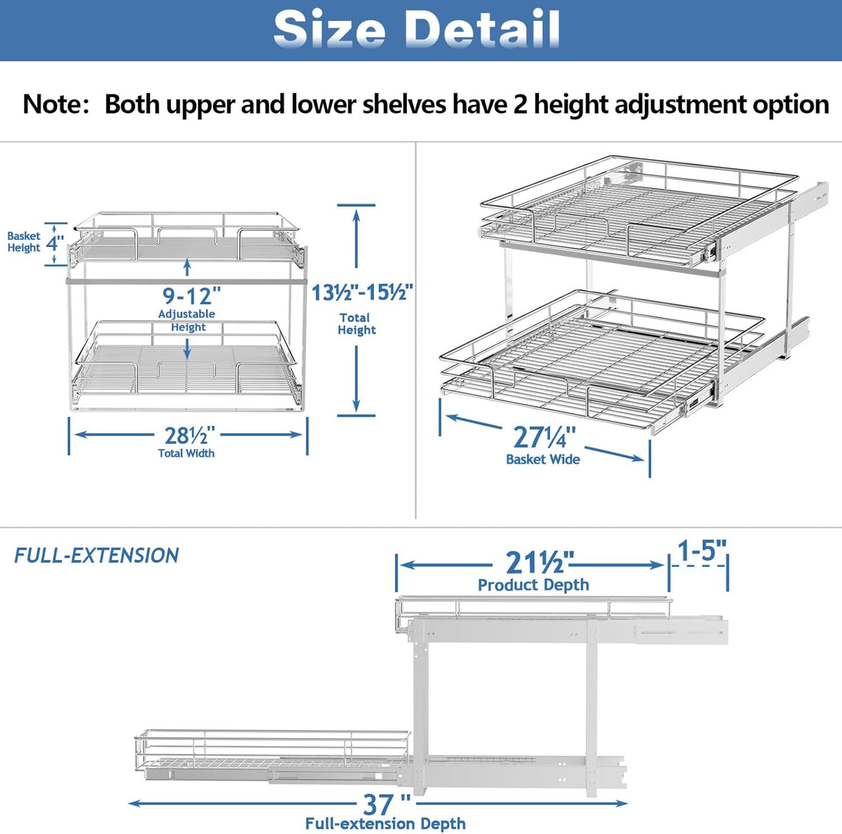 ROOMTEC Individual Pull Out Cabinet Organizer (28½" W x 21½" D), 2 Tier Spice Rack Organizer for Cabinet, Slide Out Drawer Pantry Shelf Organization and Storage for Kitchen Bathroom