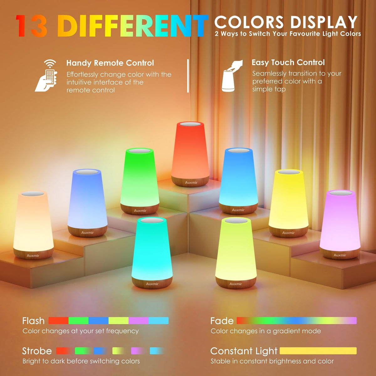 Auxmir Rechargeable Night Light, Touch Table Lamp with Remote, Dark Brown