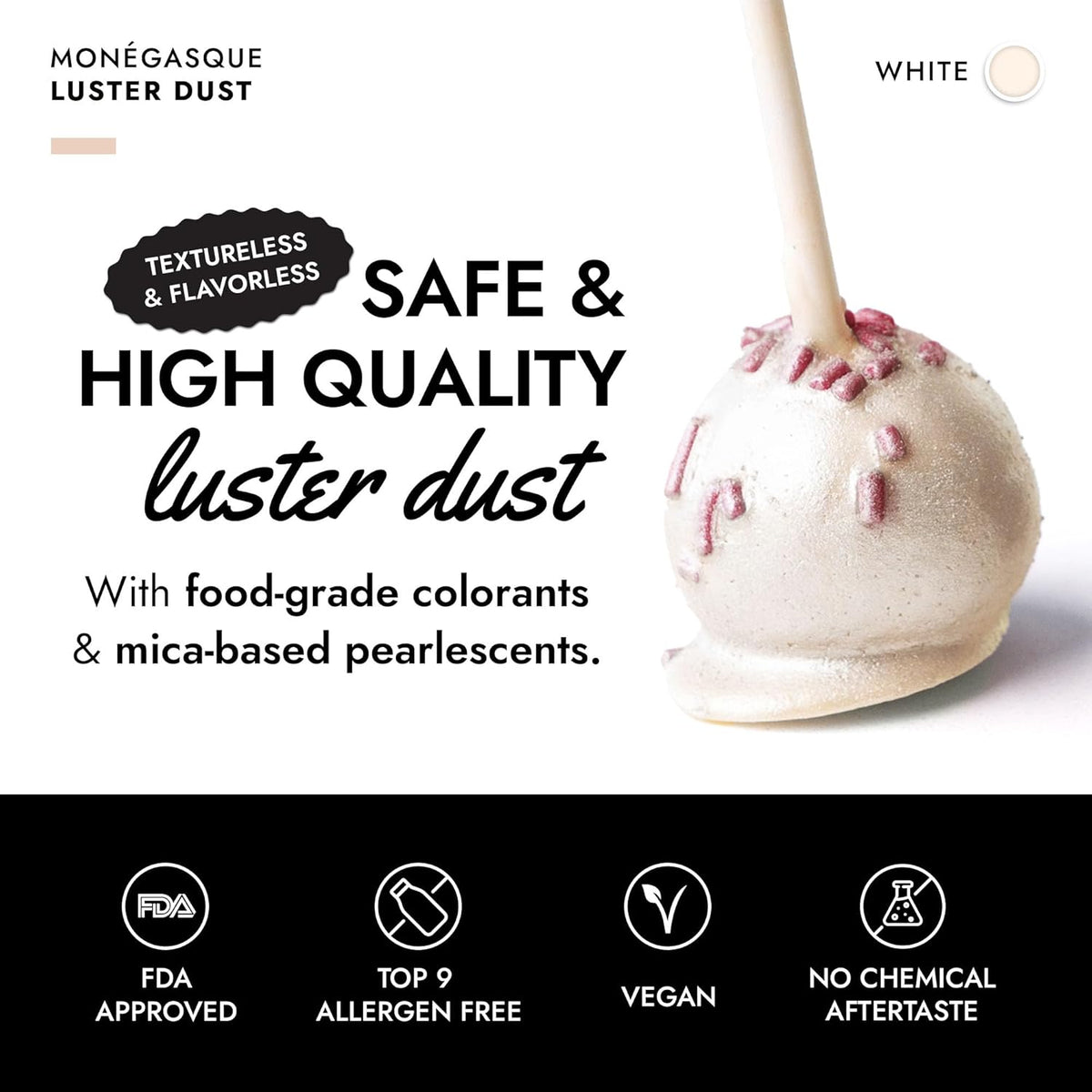 MONÉGASQUE White Edible Glitter for Drinks 7g – Halloween Edible Glitter for Cakes & Cocktails - White Luster Dust for Cocktail, Cake, Strawberries - Food & Drink Shimmer - Cake Decorations Spray