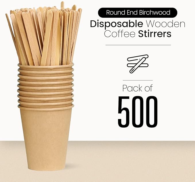 Coffee Stirrers Disposable Wooden Coffee Stir Sticks - Round-End Birchwood 5.5 Inches Large Wooden Stir Sticks - Pack of 500 Wood Stir Sticks, Coffee Sticks, Stirrers