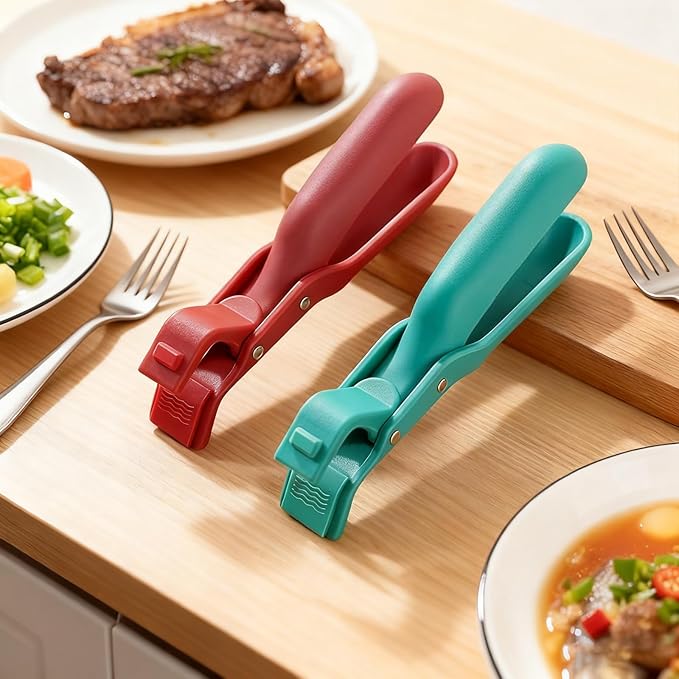 2Pc Hot Plate Gripper Tongs, Silicone Non-Slip Kitchen Utensil, Heat Insulation Anti-Scald Bowl Holder Clip for Cooking (Red + Red)