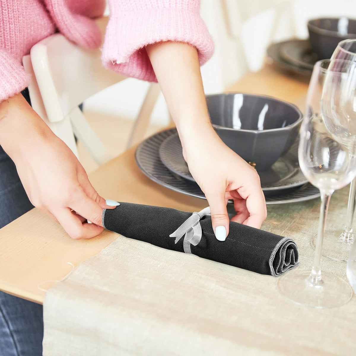 Hillban 6 Pcs Anti Tarnish Silver Storage Bags Silver Storage Cloth Felt Flatware Organizer Anti Tarnish Protector Bags Place Setting Roll with White Ribbon for Kitchen Cutlery Utensils (Black)