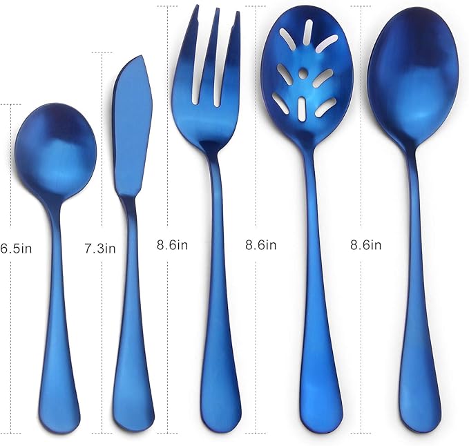 Matte Blue Serving Set, SHARECOOK 5-Piece 18/0 Stainless Steel Large Hostess Set with Round Edge, Satin Finished, Dishwasher Safe -Spoons, Forks,Butter Knife& Slotted Spoon