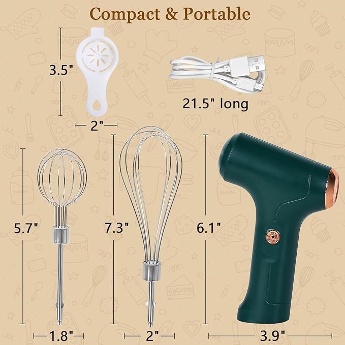 Cordless Hand Mixer, Handheld Electric Whisk with 3 Speed Modes, Hand Held Egg Beater with 2 Detachable Stir Whisks (Green)