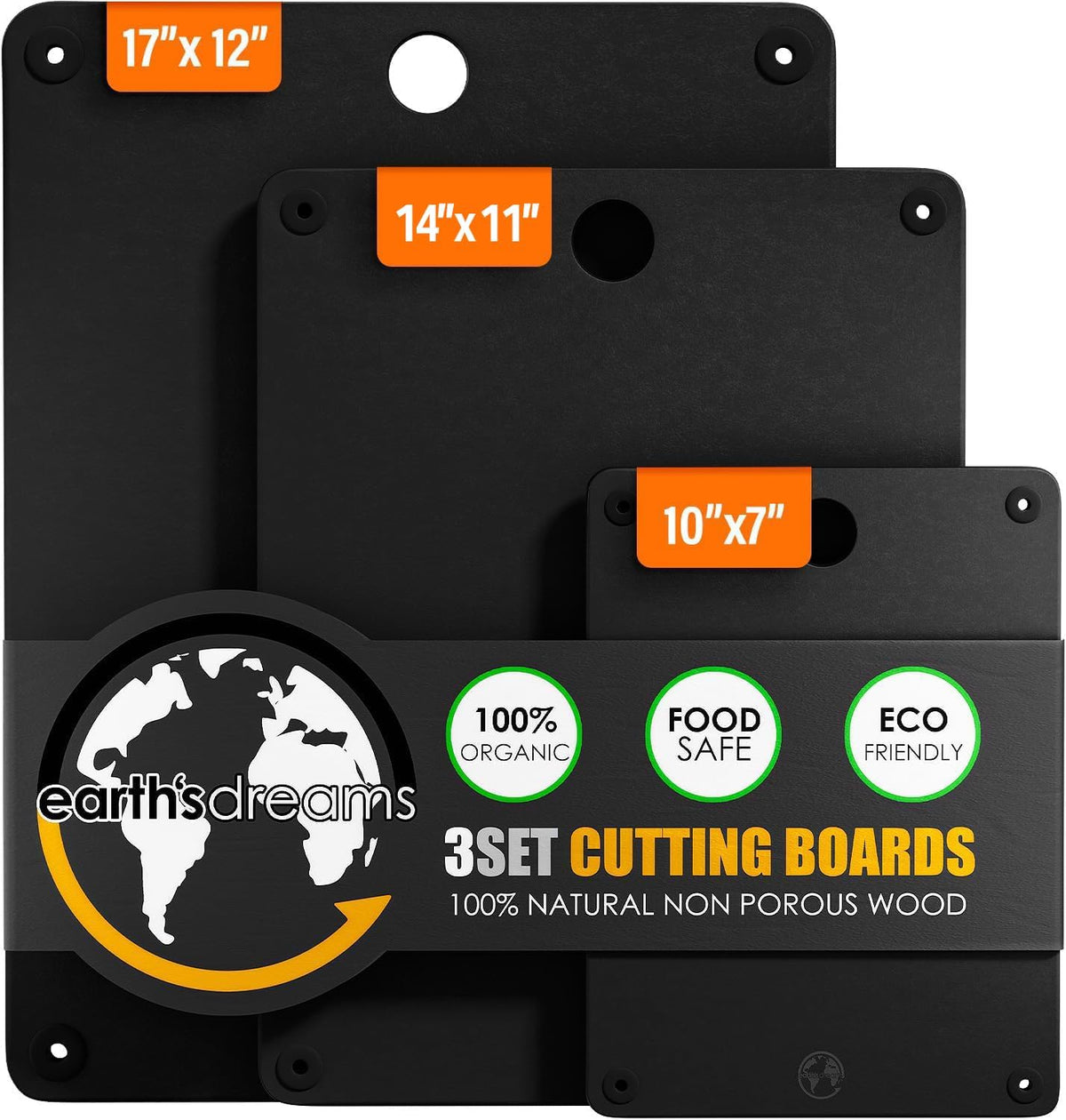Earth’s Dreams Wood Cutting Board Set 3-Piece: Small, Large & Extra Large - Charcuterie Board, Non-Plastic, Non-Toxic, Heavy-Duty, Dishwasher Safe (Black)