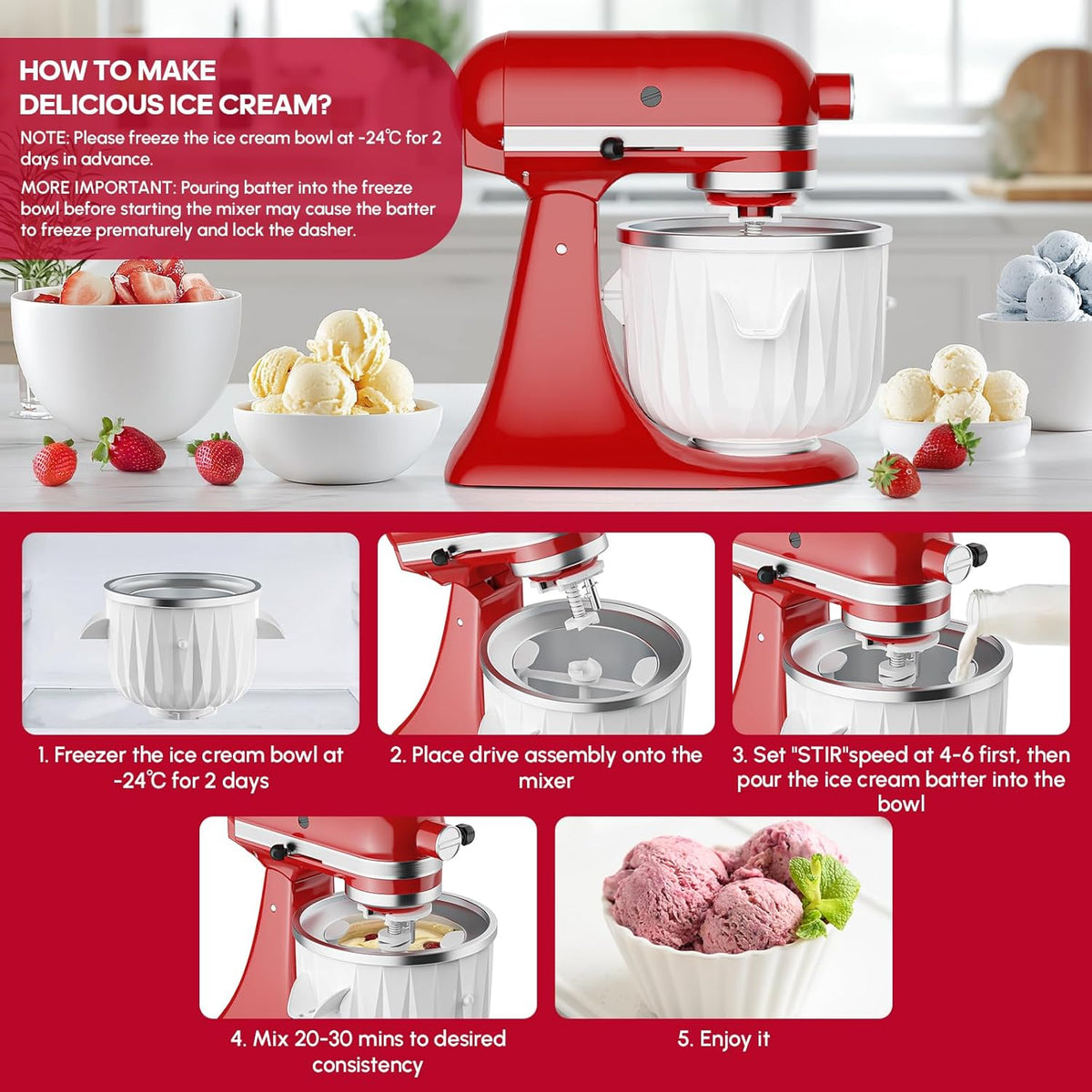 InnoMoon Ice Cream Maker Attachment for KitchenAid Stand Mixer, Compatible for Kitchenaid 4.5QT/5QT/6QT/7QT Stand Mixer, 2-Quart Frozen Yogurt, Sorbet Gelato Maker, Kitchen aid Ice Cream Maker(White)