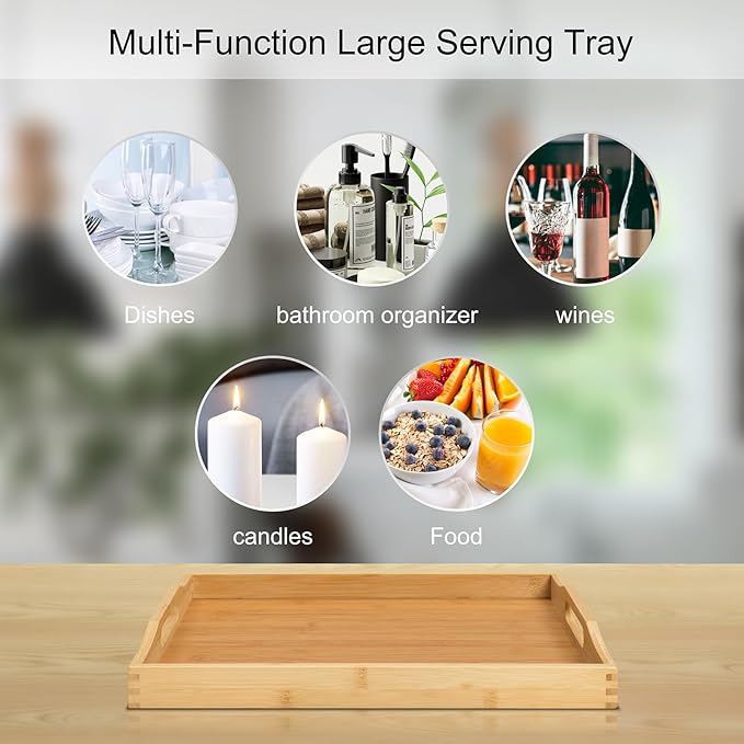 Bamboo Food Serving Tray with Handles, Breakfast Bed Tray for Tea,Snack,Dinner, Home Decorative Storage Food, Platter, Ottoman for Kitchen Counter, Bathroom, Restaurant (Beige)