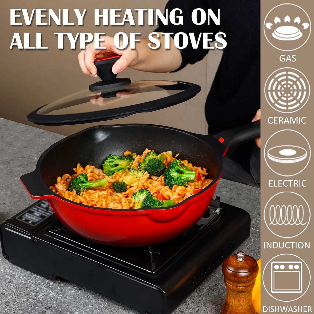 DIIG Nonstick Deep Frying Pan Skillet with Lid, 12 inch/ 5.5 QT Saute Pan with Silicone Spatula, Sauce Cookware Cooking Chef Pans, Cast Aluminum Induction Compatible, Ruby Red