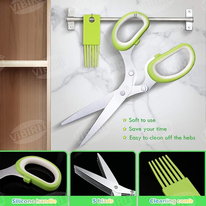 VlBlRlIT2025 Upgraded Herb Scissor,Leaf Stripper,Stainless Steel 5Blade Kitchen Scissors,Peelers for Kitchen,forChopping Chive,Vegetables,Salad,collard Greens,Parsley,Rosemary As Christmas gifts Green