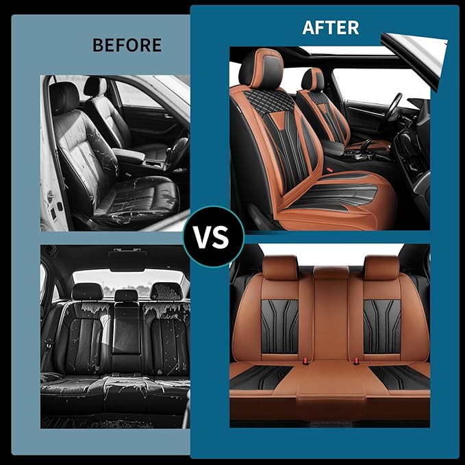 Fit Juke Car Seat Covers Compatible with Nissan Juke 2012-2015 2016 - Full Set Premium Leather， Waterproof Breathable， All-Weather Seat Cushion Protecto&Airbag Compatible（Brown & Black