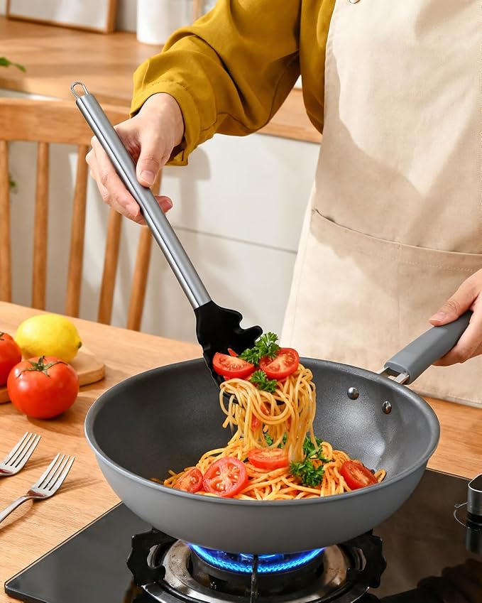 Spaghetti Spoon and Pasta Tong with Grip Teeth and Drain Holes, 2-Piece Non-Stick Silicone Head with Stainless Steel Handle, Heat Resistant Food Grade Utensils for Cooking, Serving, Salad and Noodles