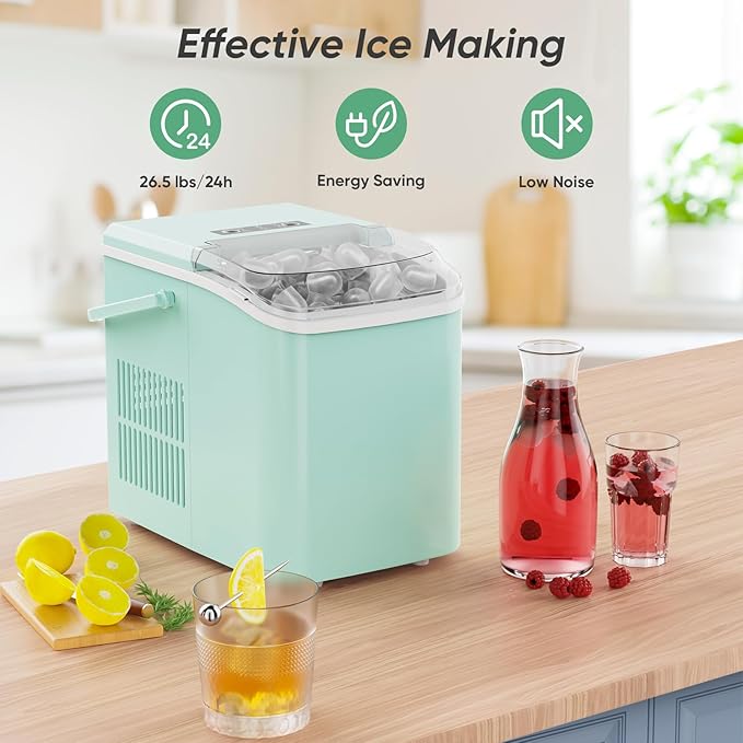 DUMOS Ice Makers Countertop with Handle Ice Machine, Fast in 6 Mins, 26lbs in 24 Hours, Quiet Self-Cleaning, Compact Size Portable for Home, Kitchen, RV, Camping,Modern Green