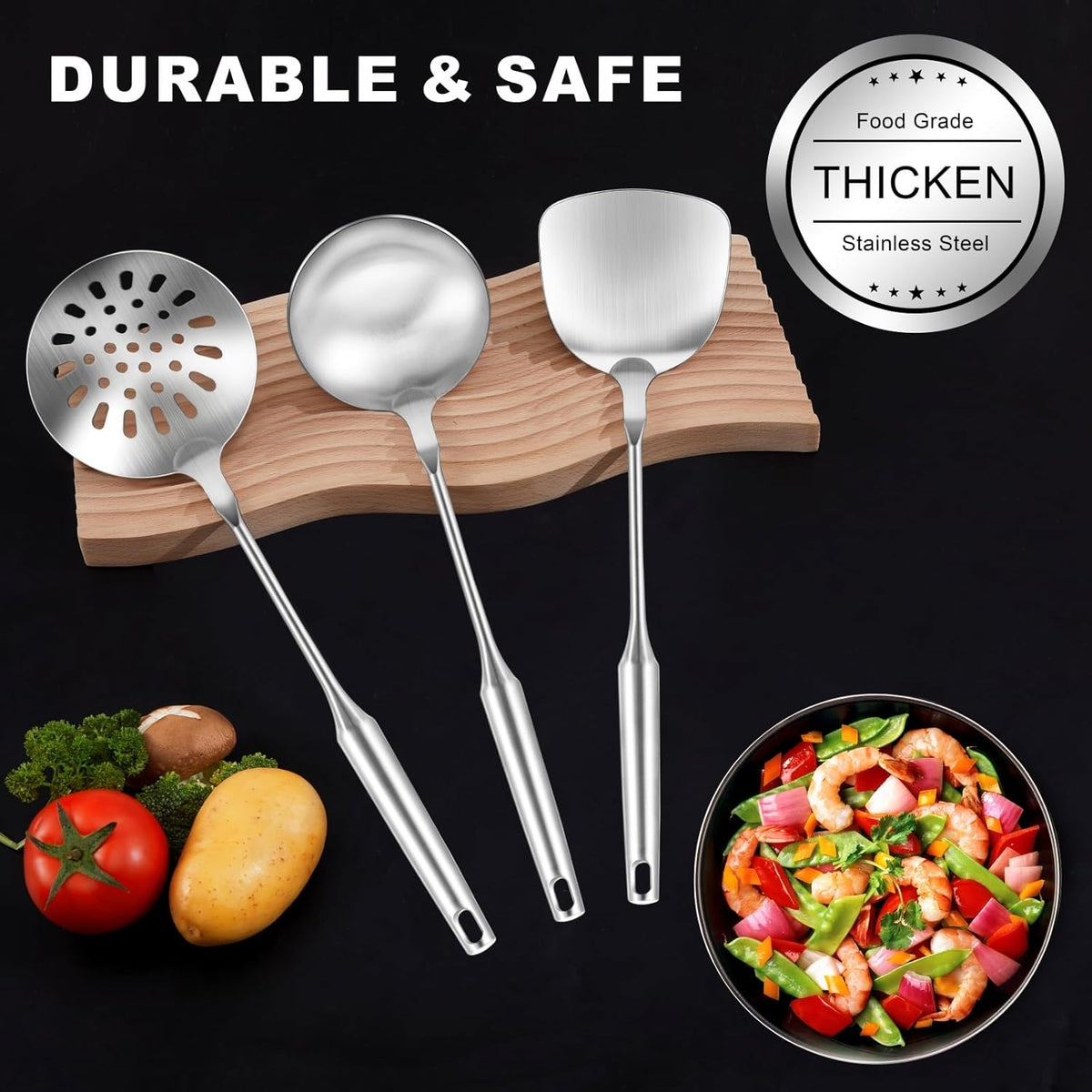 Wok Utensils Tools for Carbon Steel,Stainless Steel 3-Pieces Wok Spatula Set,Wok Tools Professional Set, Heat-Resistant Handle, Skimmer, Soup Ladle, Ideal for Gift