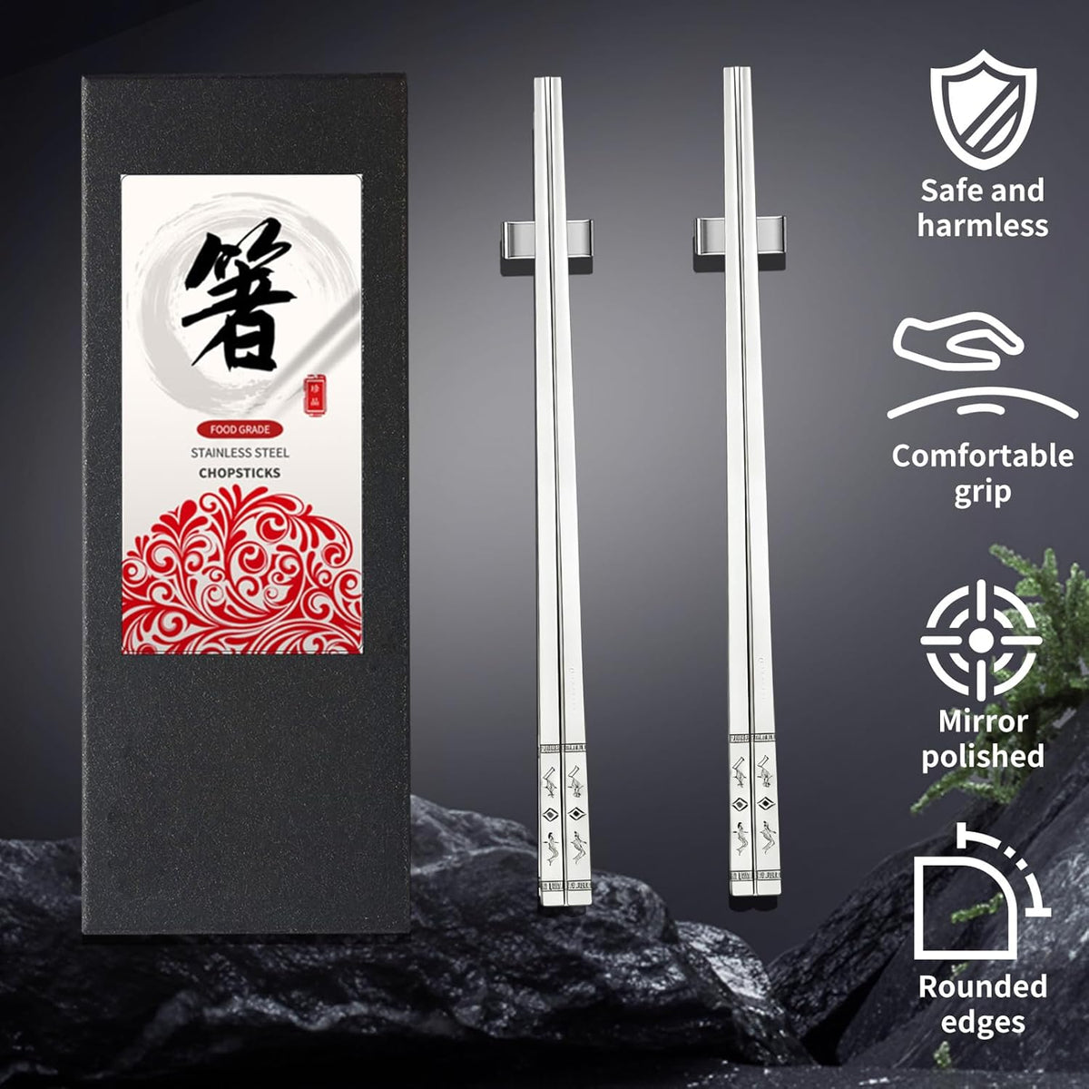 Metal Chopsticks Reusable 2 Pairs: Stainless Chopstick with Two Holders Set ,Dishwasher Safe,Non-Slip,Gift Box Packaging,Laser Engraved,Japanese Chinese Korean Chop Sticks for Cooking Eating