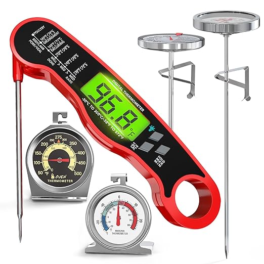 5 Pack Professional Kitchen Food Thermometer Set – Includes Instant Read Digital Meat Thermometer, Oven-Safe, Ambient Oven Monitoring, Fridge & Candy/Deep Fry for Cooking, BBQ, Baking