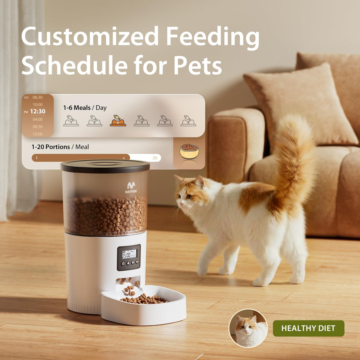 IMIPAW Automatic Cat Feeders, Timed Cat Dry Food Dispenser with Desiccant Bag, Dual Power Supply, Programmable Portion Size, 6 Meals, 20 Portions Per Day, Auto Pet Feeder for Cats and Small Dog, White