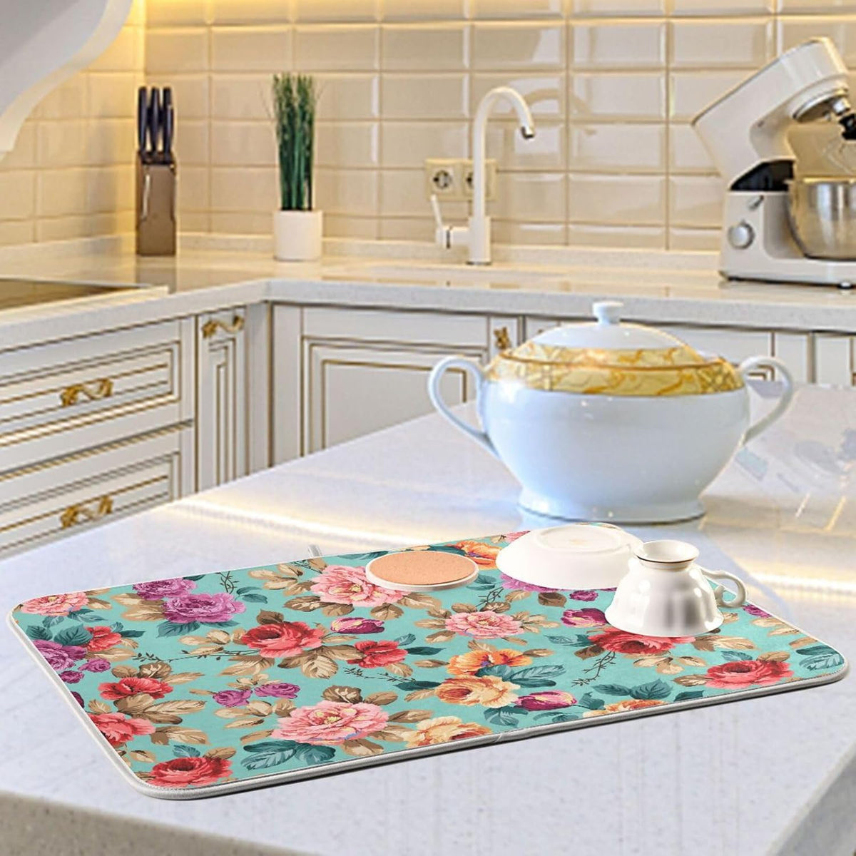 Colorful Flower Leaves Dish Drying Mat for Kitchen Counter Absorbent Microfiber Drying Pad, Medium 16x18 in, Reversible Drainer Mats