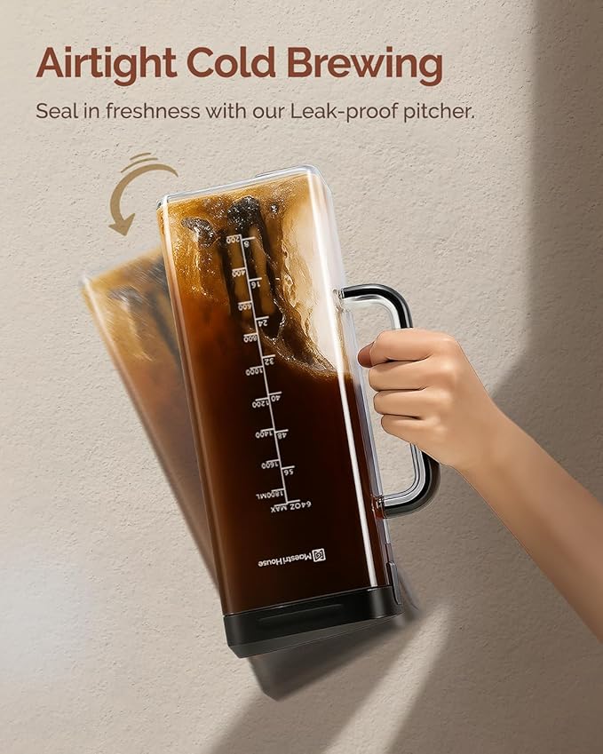 Maestri House Compact Cold Brew Coffee Maker, 64oz Iced Tea and Coffee Maker Brewer Space Saving Tritan Pitcher, 350 Mesh Filter, 100% Leak-Proof