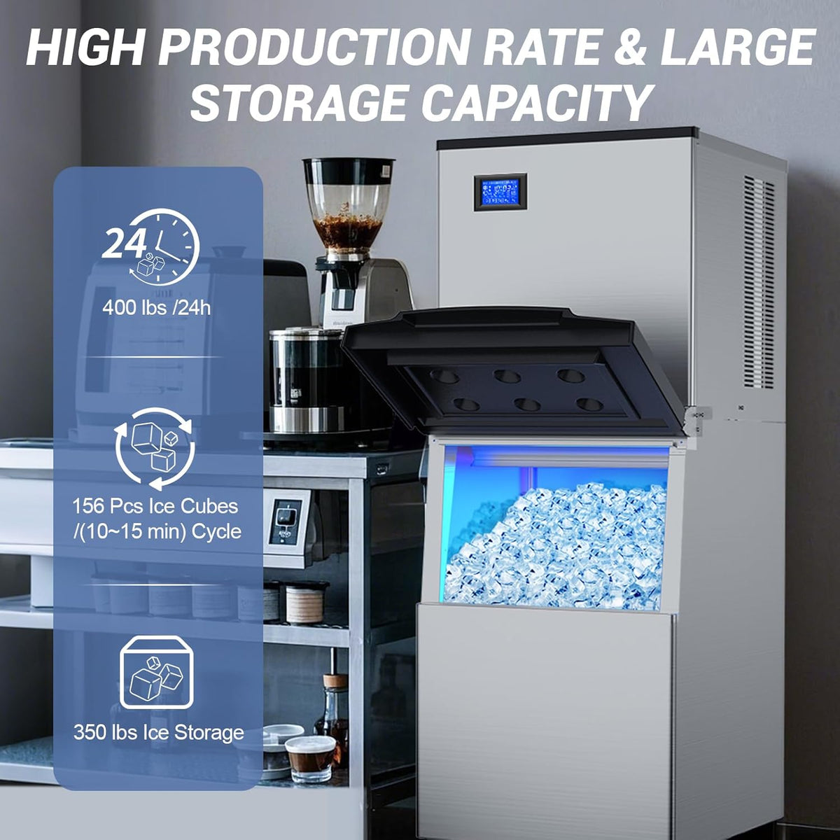 Ice Machine Commercial Ice Maker Machine, 400 Lbs/24H Industrial Ice Machine, 350 Lbs Storage Commercial Ice Machines Free Standing, Cubes Ice Makers Commercial, Restaurant, Cafe, Bar, Hotel