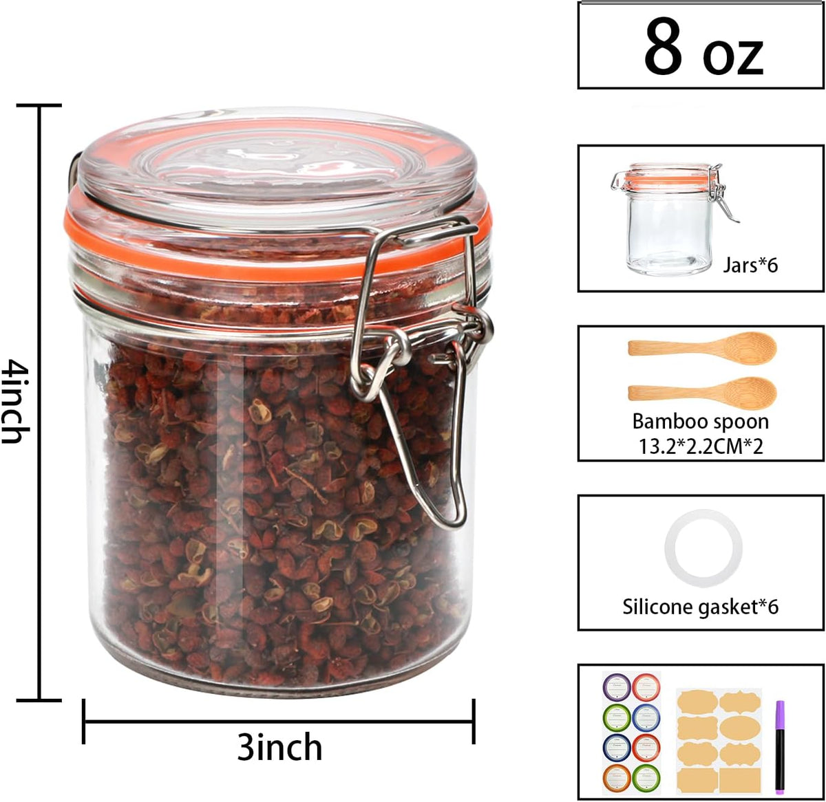 8 oz Small Airtight Glass Jars with Lids,Glass Food Storage Canisters with Lids, Mini Airtight Storage Container for Kitchen Canning, Spice, Honey, Nuts, Snacks, Flour, Set of 6