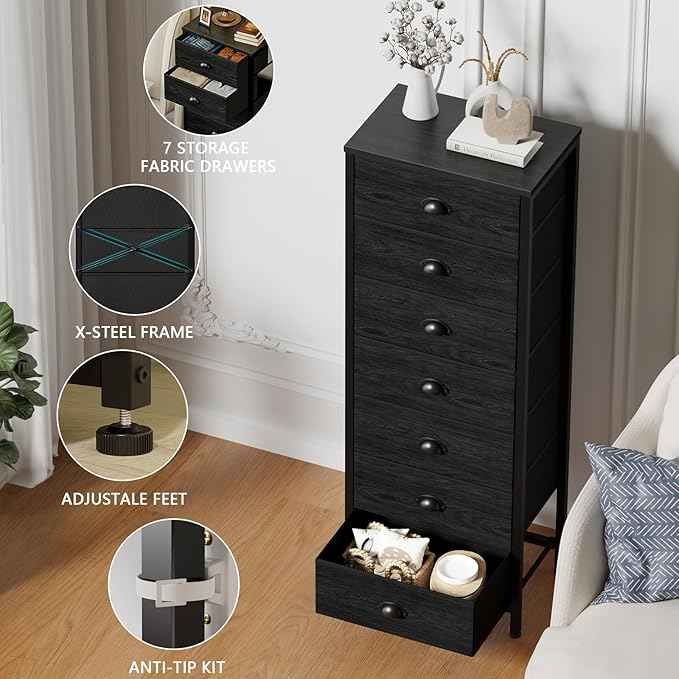 Furnulem Bedroom Dresser, Tall Chests of Drawers with 7 Fabric Bins, Black Organizer in Closet, Dorm, Living Room, Nursery, Hallyway-Storage Tower Unit, Sturdy Steel Frame
