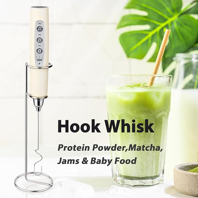 Milk Frother Rechargeable Handheld-Electric Whisk 3 Speed Adjustable, Coffee Frother Wand with 3 Stainless Whisks, Foam Maker, Drink Mixer Blender for Latte Cappuccino Matcha Egg (With Stand, Beige)