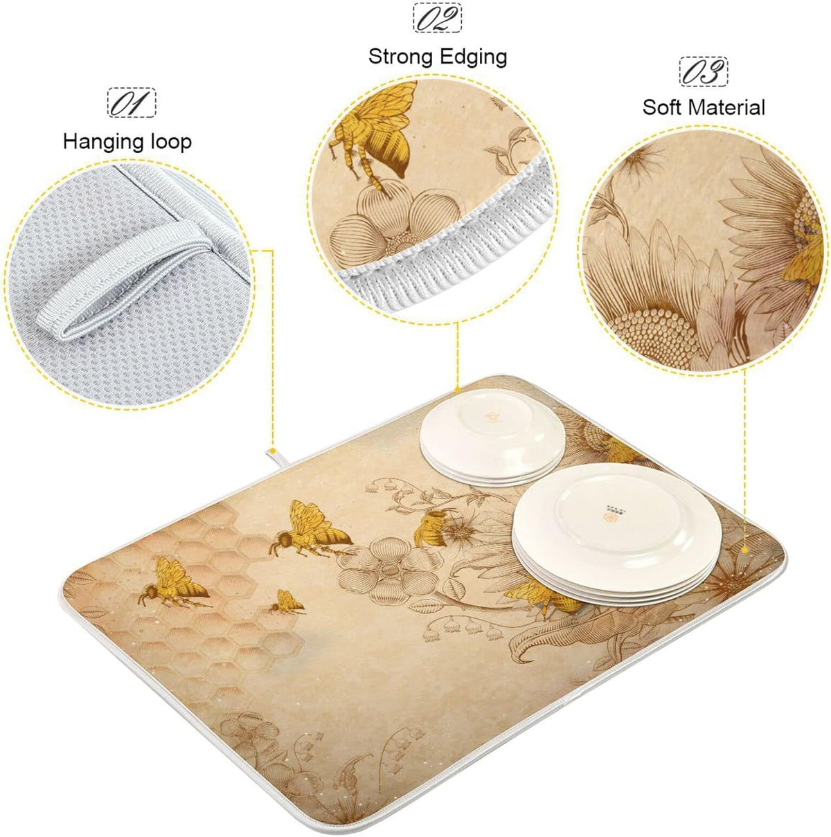 Super Absorbent Dish Drying Mat, Microfiber Fast-Drying Dish Mat, 24" x 18", Kitchen Dish Drying Pad, Sunflower Bee Retro