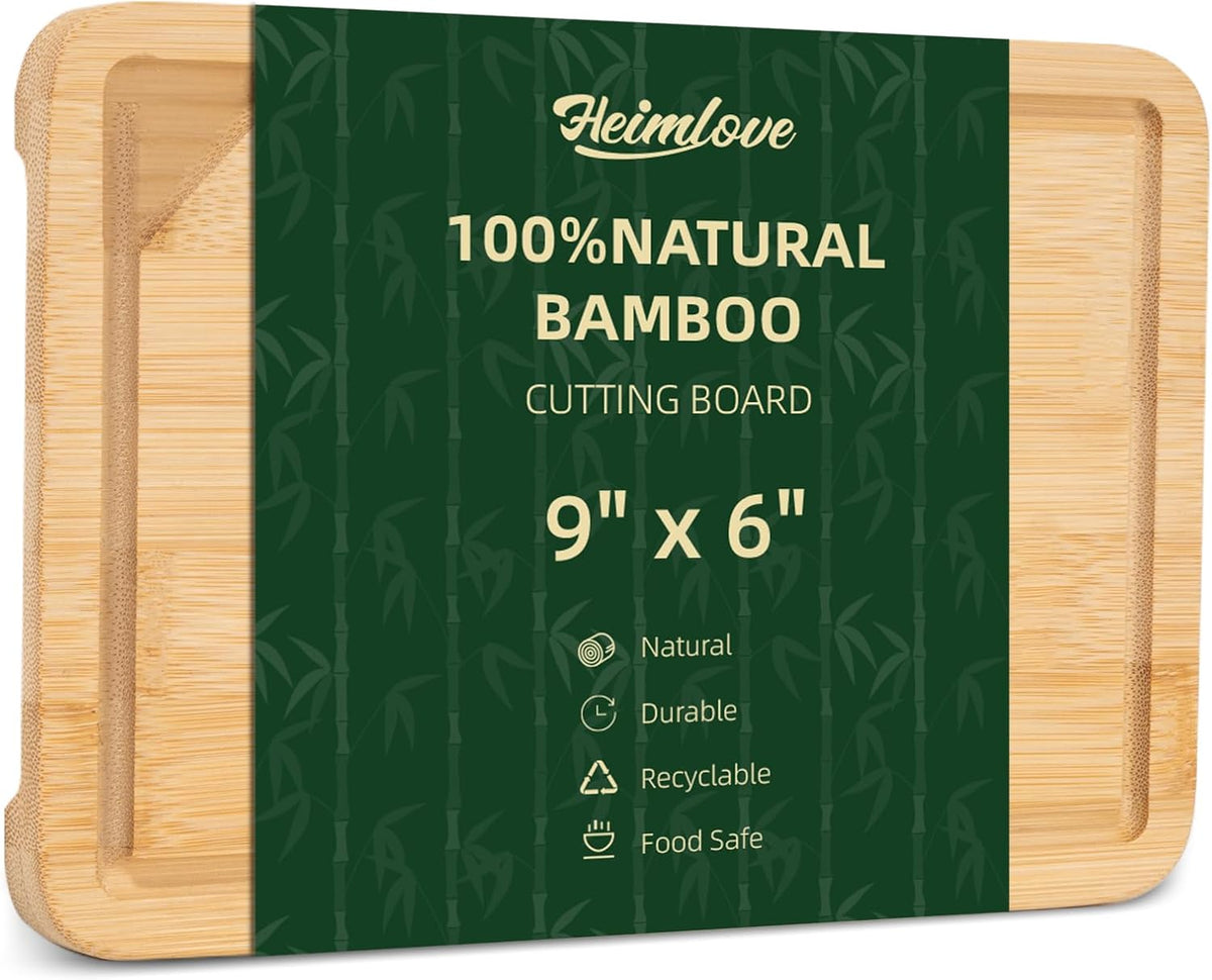 Heimlove 9” x 6” Mini Bamboo Cutting Board, Small Wooden Cutting Boards for Kitchen Charcuterie Boards with Juice Groove and Handles, Chopping Board for Fruit, Vegetables and Cheese