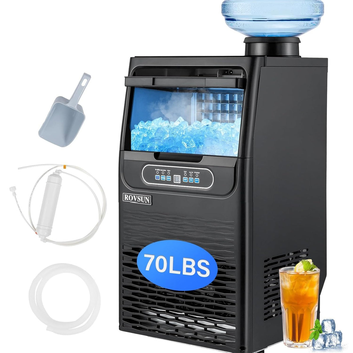 ROVSUN 70LBS/24H Countertop Ice Maker with 2 Water Inlets & Appointment Function, Freestanding Ice Machine with 11lbs Storage Bin, Ice Scoop, Drain Pipe & Water Filter (Black)