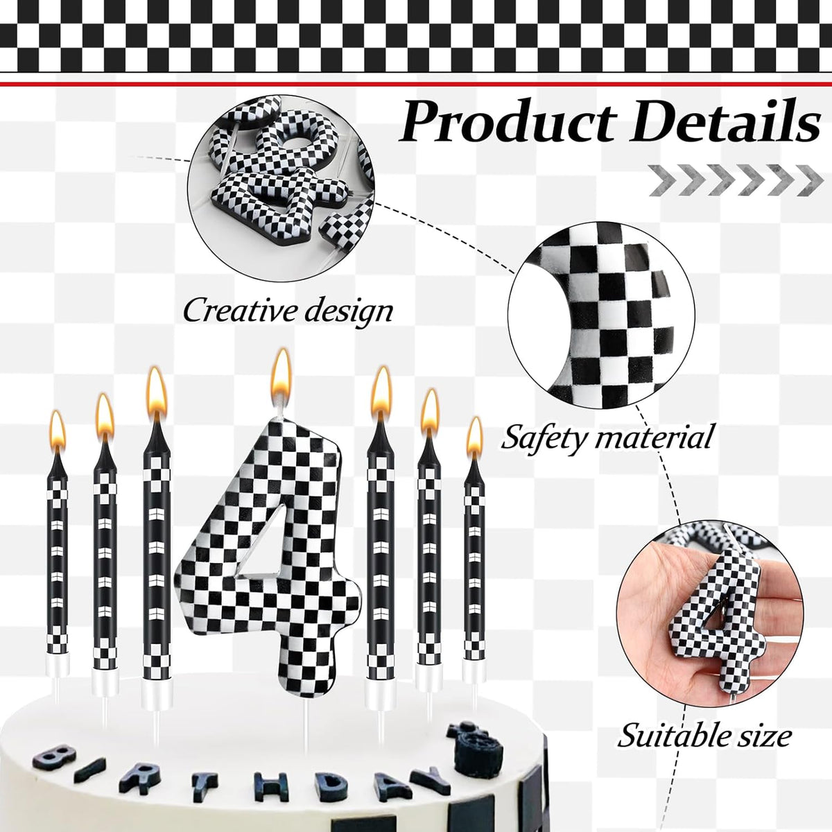 13 Pcs Racing Cars Themed Birthday Candles Black and White Race Number 4 Checkered Candle Cake Topper for Racing Car Party Decoration Supplies (Number 4)