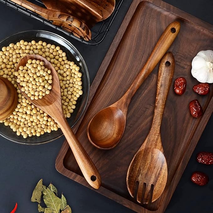 12 Pack Wooden Spoons for Cooking - Natural Teak Kitchen Utensils Set with Spatulas