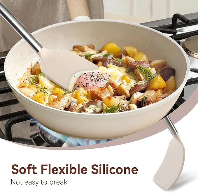 Silicone Cooking Utensils Set, NCUE 35 Pcs Kitchen Utensils Set with Holder, with Stainless Steel Handle Spatula Set, Spoons, Pasta Server, Cheese Grater, Masher, Scissors, Dishwasher Safe (Khaki)