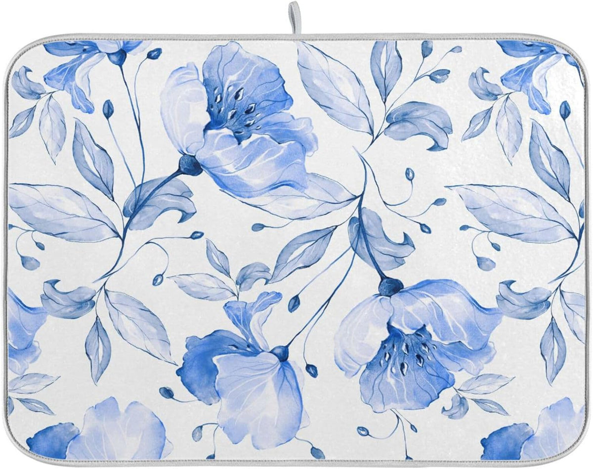 Spring Blue Flowers Leaves Dish Drying Mat for Kitchen Counter Absorbent Microfiber Drying Pad, Large 18x24 in, Reversible Drainer Mats