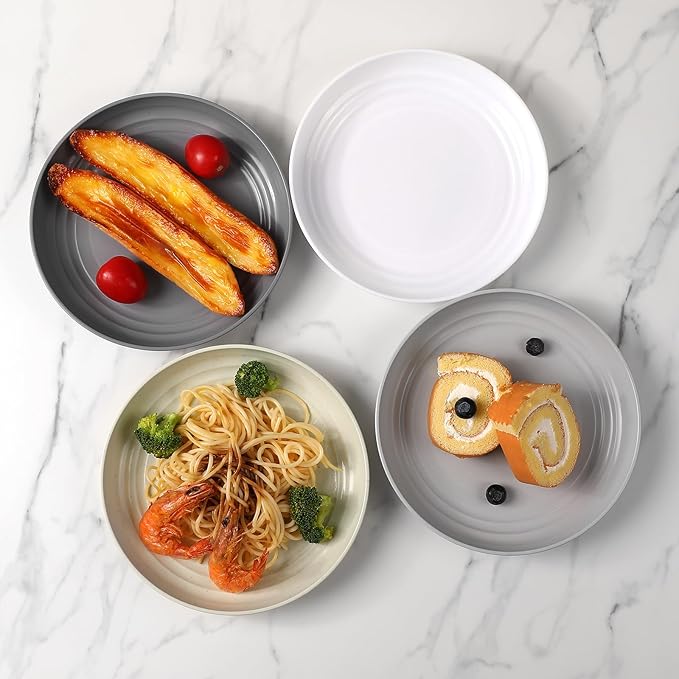 12 Pcs Unbreakable Deep Dessert Plates Set, 8 inch Reusable Plastic Wheat Straw Plates, Microwave and Dishwasher Safe Plate for Kitchen, Lightweight Plate for Dessert, BPA Free, 4 Colors