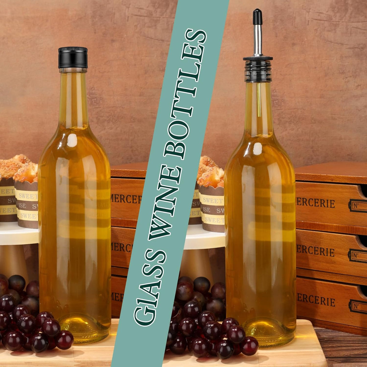 Maxdot 10 Pcs Long Neck Glass Bottles with Pourer Bordeaux Wine Bottle Clear Empty Wine Syrup Juice for Home Bar Liquor Juice Making Wedding Anniversary Party(Stainless)