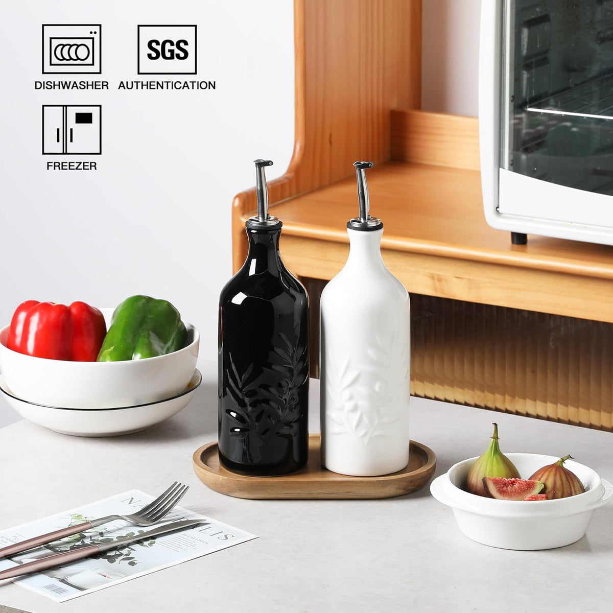 Sweejar Ceramic Olive Oil Dispenser Bottle, 20 Oz Relief Opaque Oil Cruet Protects To Reduce Oxidation, Suitable for Storage Vinegar, Soy Sauce,Liquids,Set of 2 (White Black)